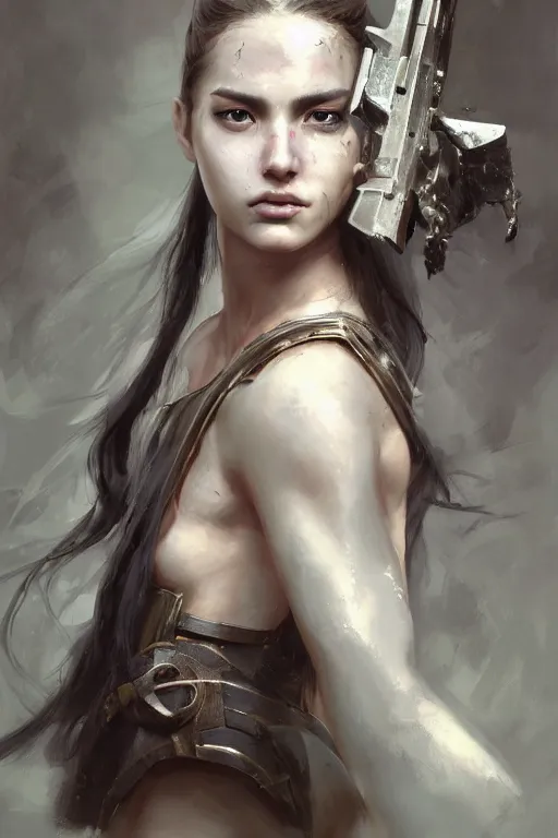 Image similar to a photorealistic painting of an attractive young girl, partially clothed in battle armor, olive skin, long dark hair, beautiful bone structure, symmetrical facial features, perfect eyes, intricate and elegant, digital painting, concept art, illustration, sharp focus, minimal artifacts, from Metal Gear, in the style of Ruan Jia and Mandy Jurgens, by Greg Rutkowski, trending on Artstation, award winning