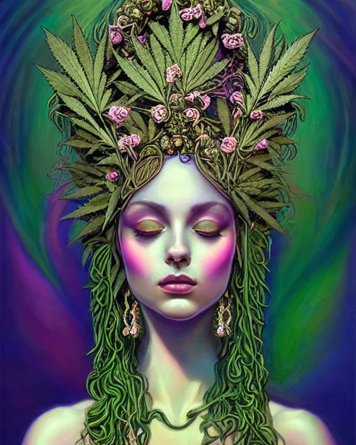 Image similar to portrait of beautiful cannabis goddess, enigmatic beauty, esoteric, muted colors, head in focus, fantasy art, ornamental aesthetics, intricate, elegant, highly detailed hyperrealistic painting, artstation, concept art, painterly, sharp focus, illustration, art by lois royoi