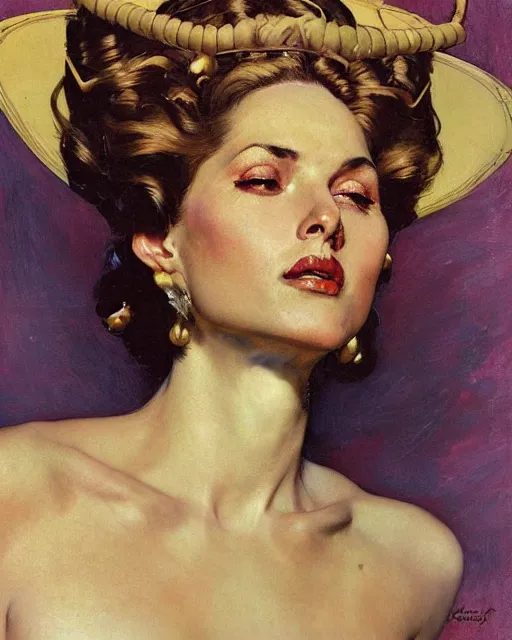 Image similar to head portrait of elegant striking mature space woman, empress, by norman rockwell, roberto ferri, daniel gerhartz, edd cartier, jack kirby, howard v brown, ruan jia, tom lovell, frank r paul, dean cornwell, astounding stories, amazing, fantasy, other worlds