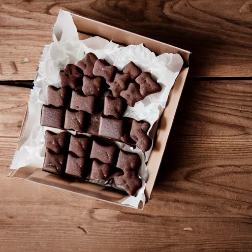 Prompt: a box of chocolate dog treats on a wooden table, dslr photo