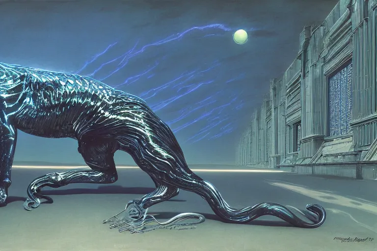 Prompt: chrome panther, metallic, contrasting neon light, volumetric lighting, by caspar david friedrich and wayne barlowe and ted nasmith