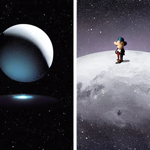 Prompt: the minor - planet pluto, unhappy because it wants to be a real planet. imax, 7 0 mm. digital live - action. concept art. dramatic lighting. pinocchio ( 1 9 4 0 ) animated feature film. neo - noir science fiction.