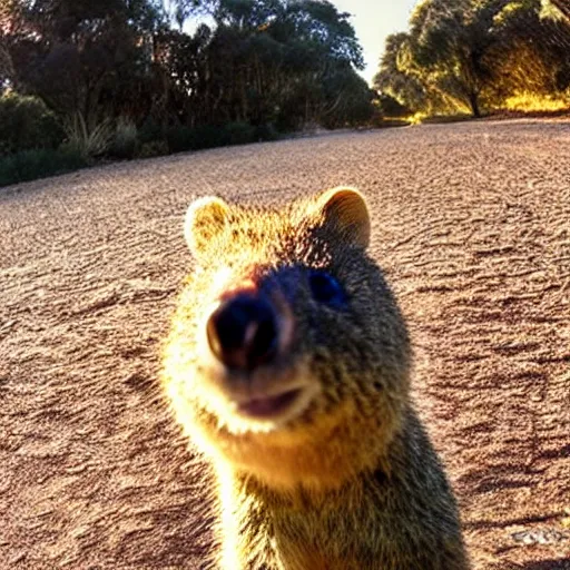 Prompt: quokka taking a selfie, golden hour, realistic