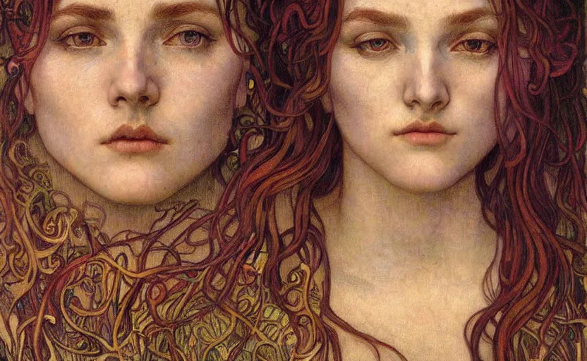 Image similar to detailed realistic beautiful young medieval queen face portrait by jean delville, alphonse mucha, vincent van gogh, and marco mazzoni, art nouveau, symbolist, visionary, gothic, pre - raphaelite