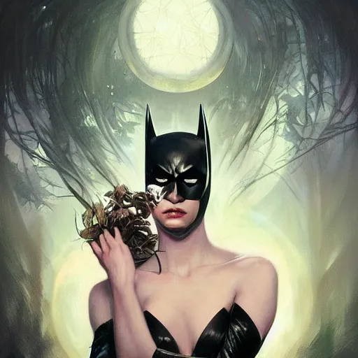 Image similar to portrait of batman as a delicate fragile celestial queen, batman returns, forest, godlike, upper body, fantasy, intricate, elegant, highly detailed, digital painting, artstation, concept art, sharp focus, illustration, art by artgerm and greg rutkowski and alphonse mucha