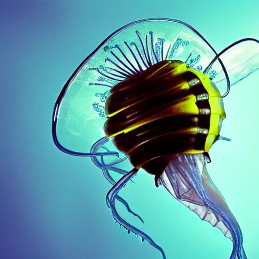 Image similar to a award winning photo of a wasp trapped inside a jellyfish, by national geografic, photorealism