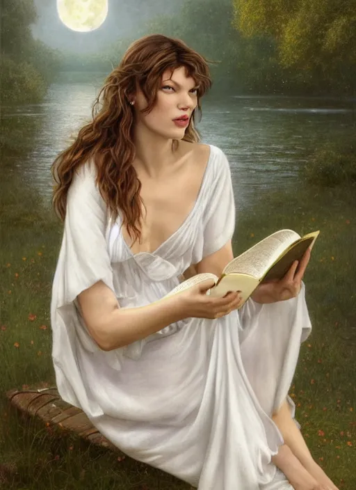 Image similar to milla jovovich in white nightgown reading a book by a river, full moon in a dark starry sky, golden orbs and fireflies, illustration, dramatic lighting, soft details, painting oil on canvas, art nouveau, octane render, 8 k, by edmund blair leighton, brom, charlie bowater, trending on artstation, faces by tom bagshaw, sargent