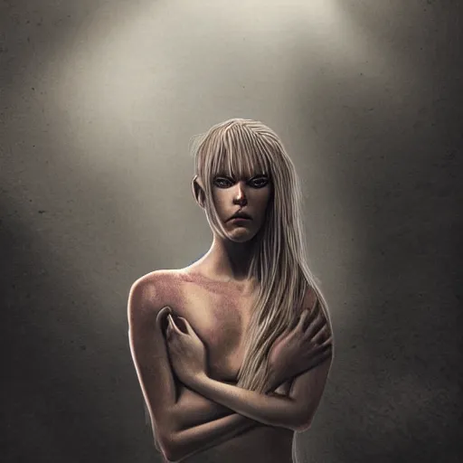 Image similar to beautiful blond xenomorph girl with human face in the style of giger, ground fog, moody lighting, 8 k, lightning, shallow depth of field, cinematic lighting,