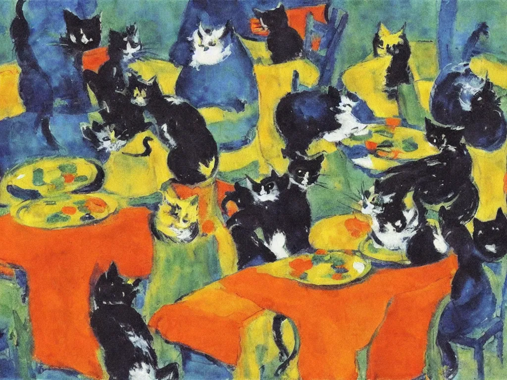 Prompt: Seven cats breaking the tableware. Painting by Emil Nolde
