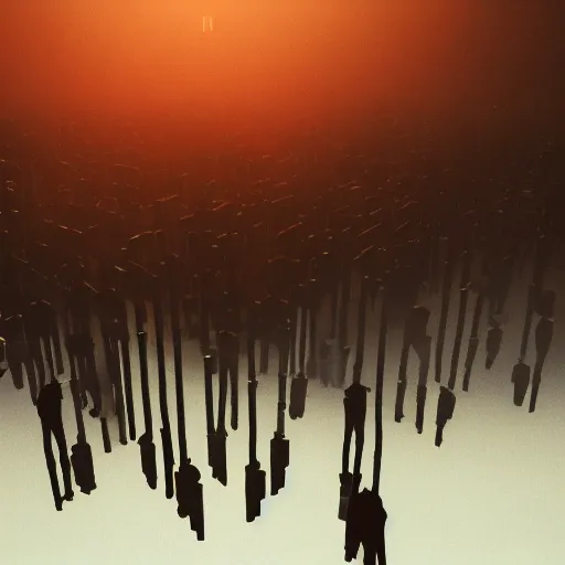 Image similar to illustration of rows of humans hanging on hooks in an ice box, rolling fog, cyberpunk, dystopian, dramatic lighting, unreal engine 5