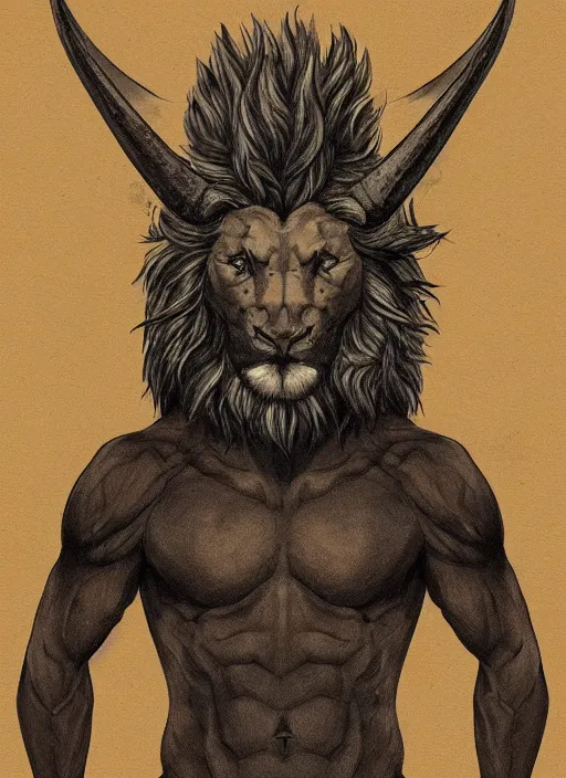 Prompt: a mighty strong creature with the body and eyes of a man, with the beak of an eagle instead of nose, the mane of a lion, and the horns of an ox. drawn by boris valejo