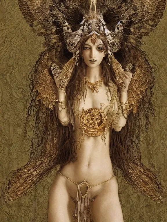 Prompt: a half body portrait render of a fallen angel veiled with symmetry intricate detailed,dramatic headdress with intricate fractals of flowers,tassels,by Daveed Benito and Lawrence Alma-Tadema and Billelis and Enchanted doll and aaron horkey and peter gric,trending on pinterest,hyperreal,jewelry,gold,intricate,maximalist,golden ratio,cinematic lighting