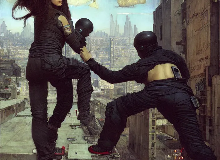 Image similar to Elisa evades sgt Nash. Cyberpunk hacker in jumpsuit escaping menacing police troopers (blade runner 2049). beautiful face. rooftop free running. Iranian orientalist portrait by john william waterhouse and Edwin Longsden Long and Theodore Ralli and Nasreddine Dinet, oil on canvas. Cinematic, hyper realism, realistic proportions, dramatic lighting, high detail 4k