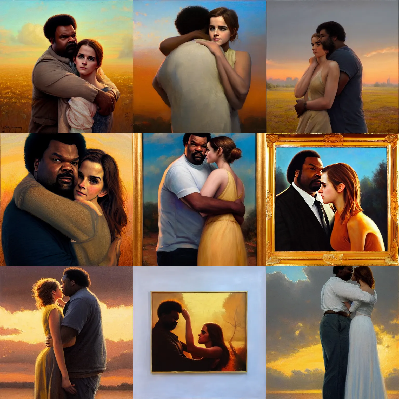 Prompt: craig robinson and emma watson, tender embrace, golden hour, nuclear war, oil on canvas by william sidney mount, trending on artstation