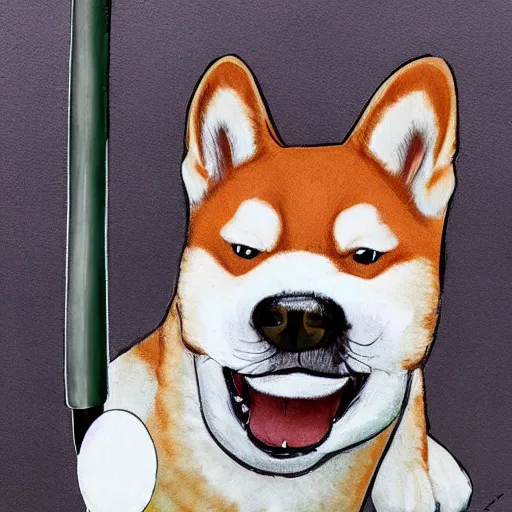 Image similar to shiba inu dog, baseball bat bonk, dog swinging bat 🐶 🏏 🎨🖌