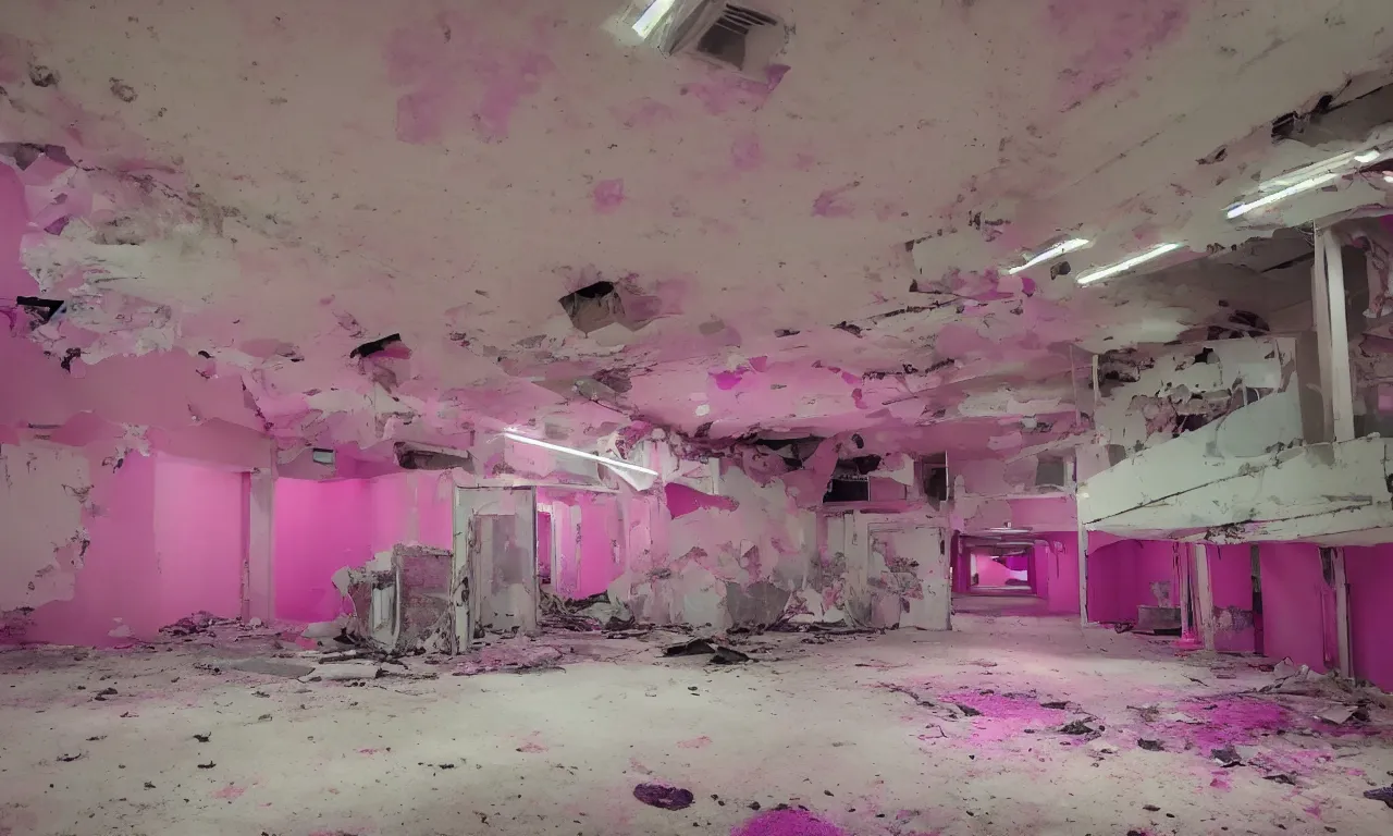 Prompt: backrooms abandoned mall, ominous neon pink and purple vaporwave lighting, moldy walls and stuffed animals sitting in shallow water