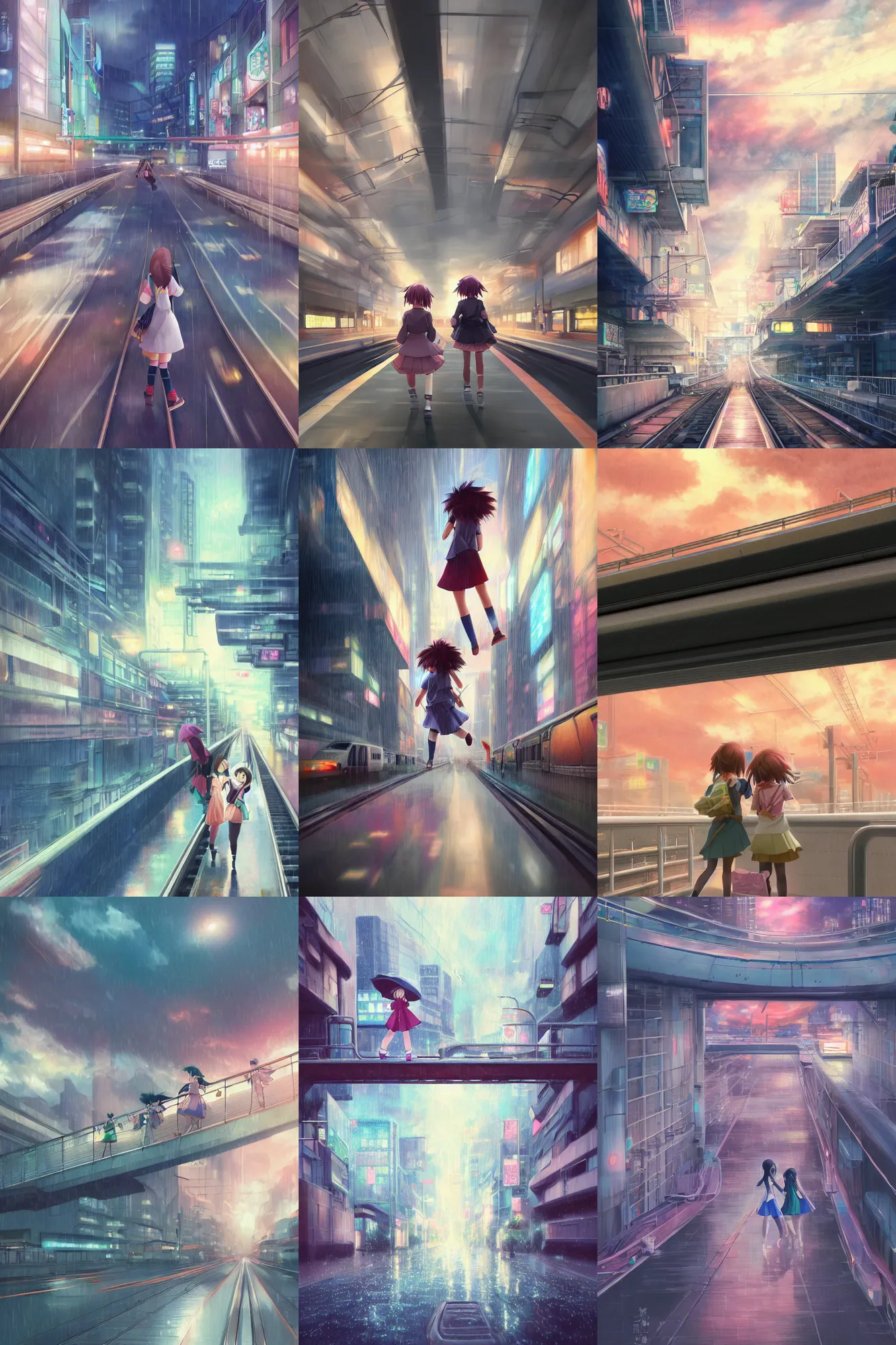 Prompt: 3d ultra realistic anime illustration, two schoolgirls flying on huge japanese elevated subway at rainy sunset. deep and complex composition. Pastel colors. style of Hiro Kiyohara anime. redshift, octane, trending on artstation, cinematic, oil painting