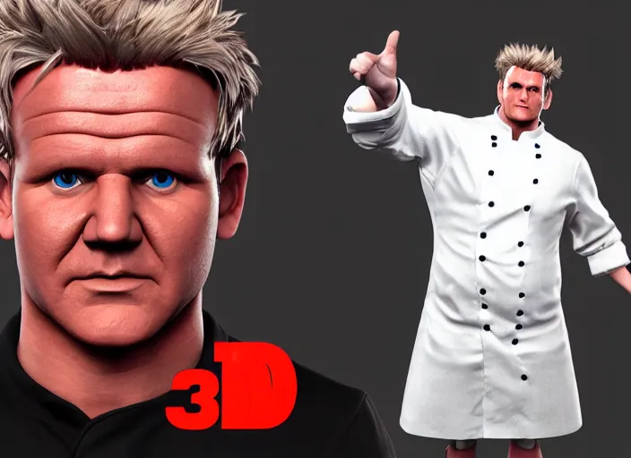 Image similar to 3 d model of gordon ramsay character in fighting game, stylized 3 d graphics, hdr, ultra graphics, ray tracing, 4 k image