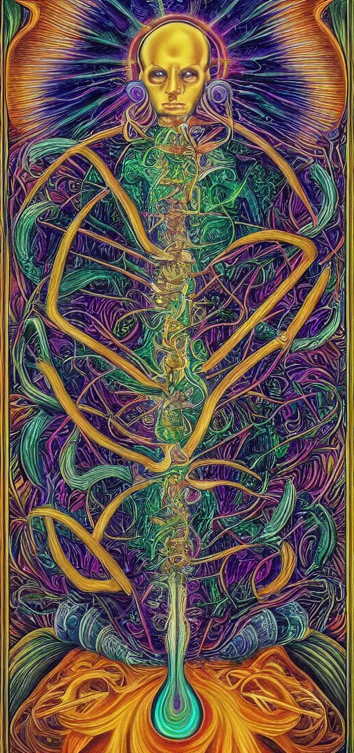 Image similar to alchemy and rosicrucianism fall in love, in the style of alex grey