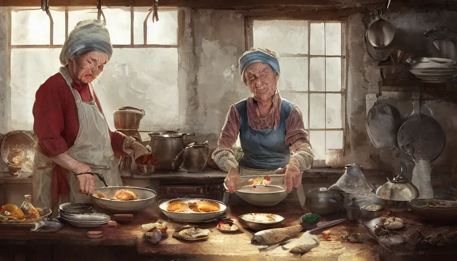 Prompt: old eastern lady cooking in her old 1 8 0 0's kitchen, pan and plates, hyperdetailed, artstation, cgsociety, 8 k