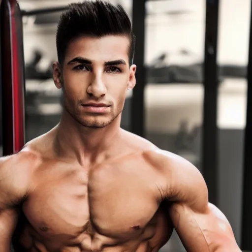 Image similar to a realistic detailed photo of a male fitness model who is also a male android, diego di marco, shiny skin, posing robotically, blank stare