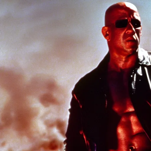 Image similar to Film still of vin diesel as The Terminator in The Terminator (1984 movie), 4k, photorealistic, a bit blurry, film grain