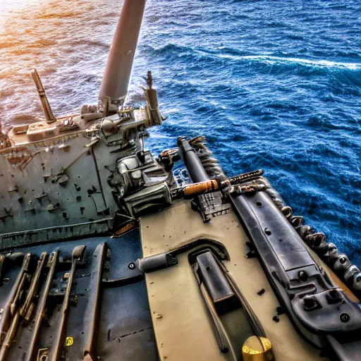 Prompt: Highly detailed photograph of a warship firing its naval automatic gun, HDR, 8k