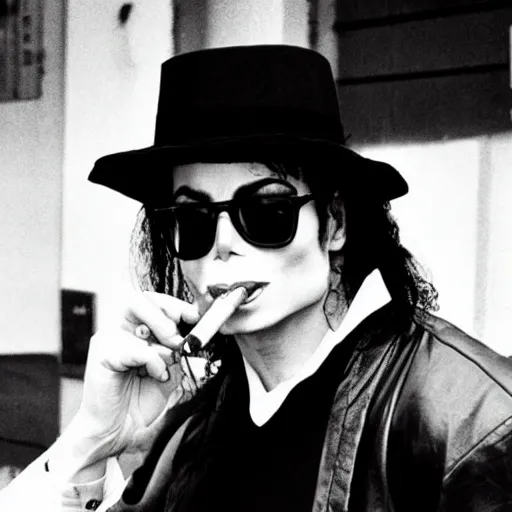 Prompt: Michael Jackson with glasses and hat in a cyberpunk schemed street, smoking a cigar