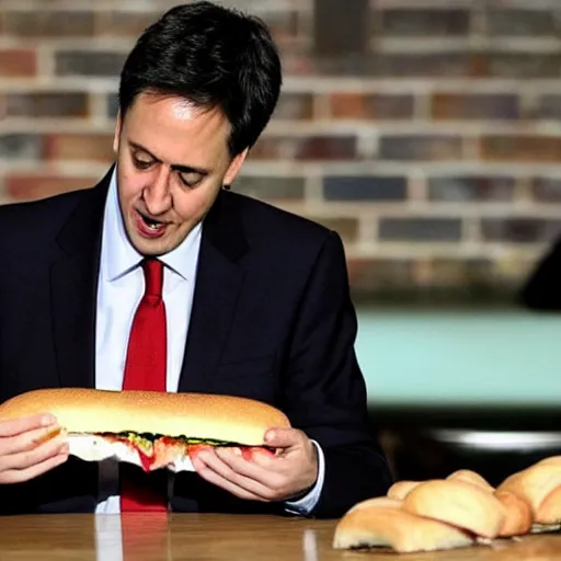 Image similar to Labour Leader Ed Miliband feeling a sandwich with his forehead. Unpleasant aroma, sour face. Photo courtesy of BBC