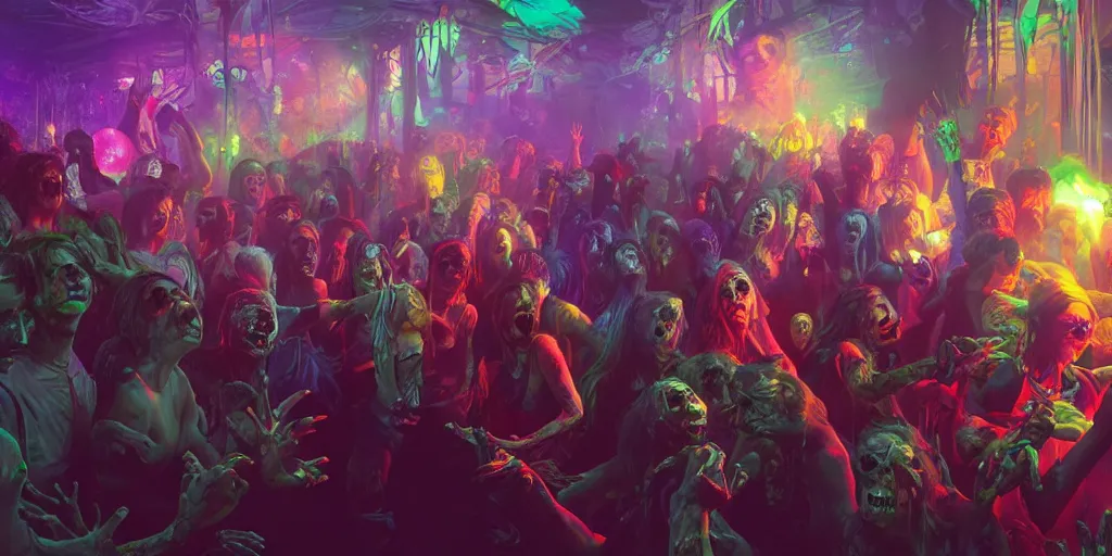 Image similar to a zombie disco party, vivid colors, extremely detailed digital painting, mystical colors, rim light, beautiful lighting, 8 k, stunning scene, raytracing, octane, trending on artstation, art by artgerm and greg rutkowski and alphonse mucha and loish and wlop