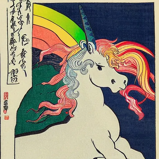 Image similar to A unicorn with rainbow color by Katsushika Hokusai