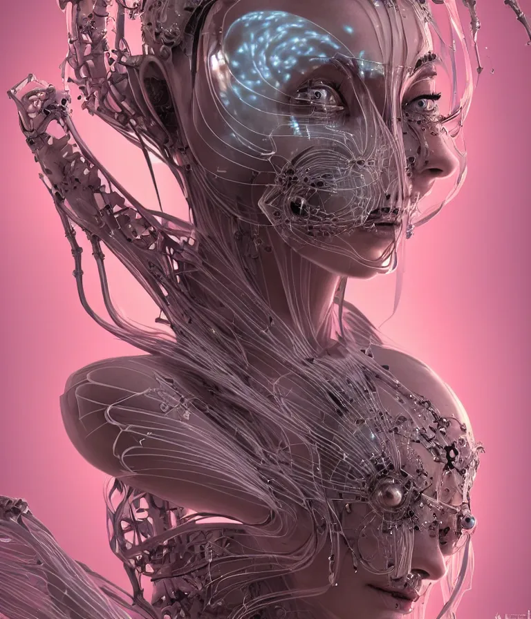 Image similar to fully symmetrical centered portrait of a beautiful princess in robe. artificial muscles, ribcage, bones, hard surface modelling. cyberpunk look. biomechanical mask. bio luminescent biomechanical halo around head. jellyfish. artwork by jarold Sng by artgerm, by Eddie Mendoza, by Peter mohrbacher by tooth wu, unreal engine, octane render, cinematic light, iridescent details, iridescent colors, dichroic, macro, depth of field, blur