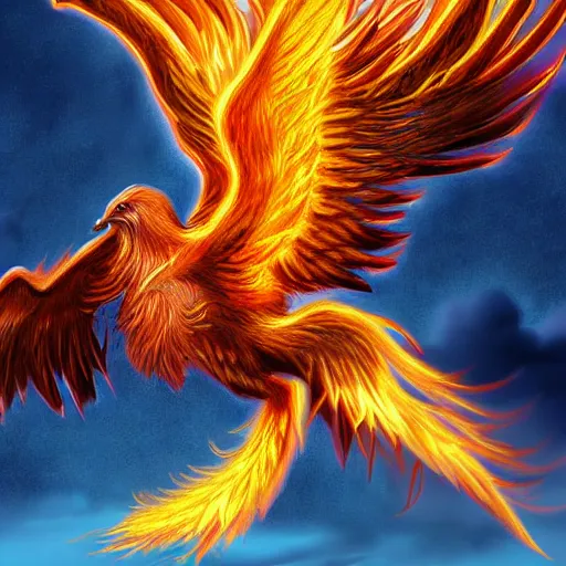 Prompt: realistic phoenix reincarnation in flames, detailed digital art