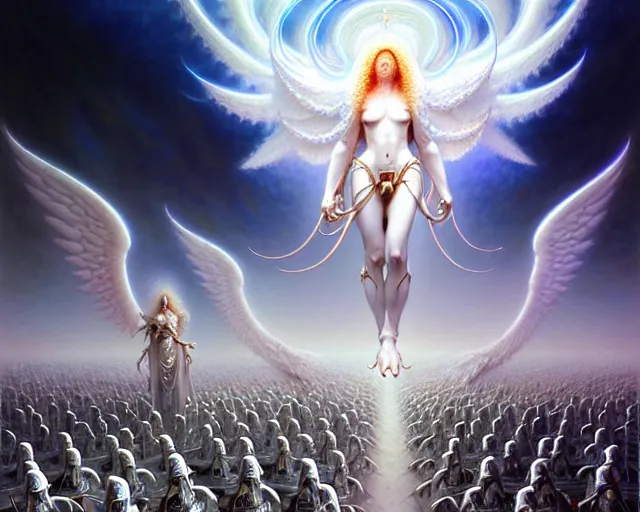 Image similar to the army of white light and angels, fantasy character portrait made of fractals facing each other, ultra realistic, wide angle, intricate details, the fifth element artifacts, highly detailed by peter mohrbacher, hajime sorayama, wayne barlowe, boris vallejo, aaron horkey, gaston bussiere, craig mullins