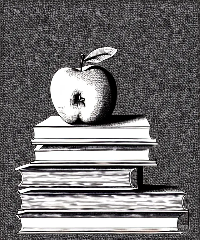 Image similar to an apple on top of a stack of books on a white background, art by piranesi, black ink, black and white, vector, vector art
