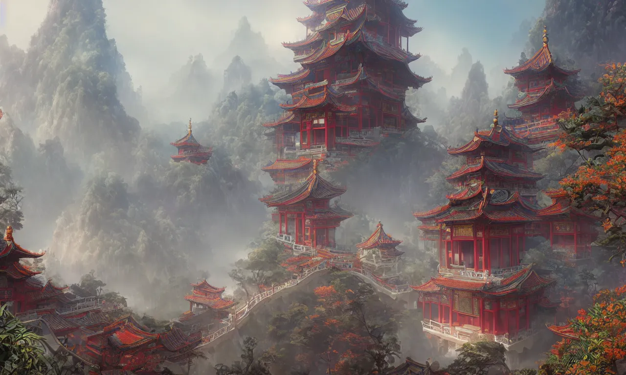 Image similar to A Chinese style splendid palace of the game concept scene original painting, super wide angle, magnificent and gorgeous atmosphere，rtx on，by moebius, Neil Blevins and Jordan Grimmer, trending on cgsociety and artstation, unreal engine，Volumetric light，surreal