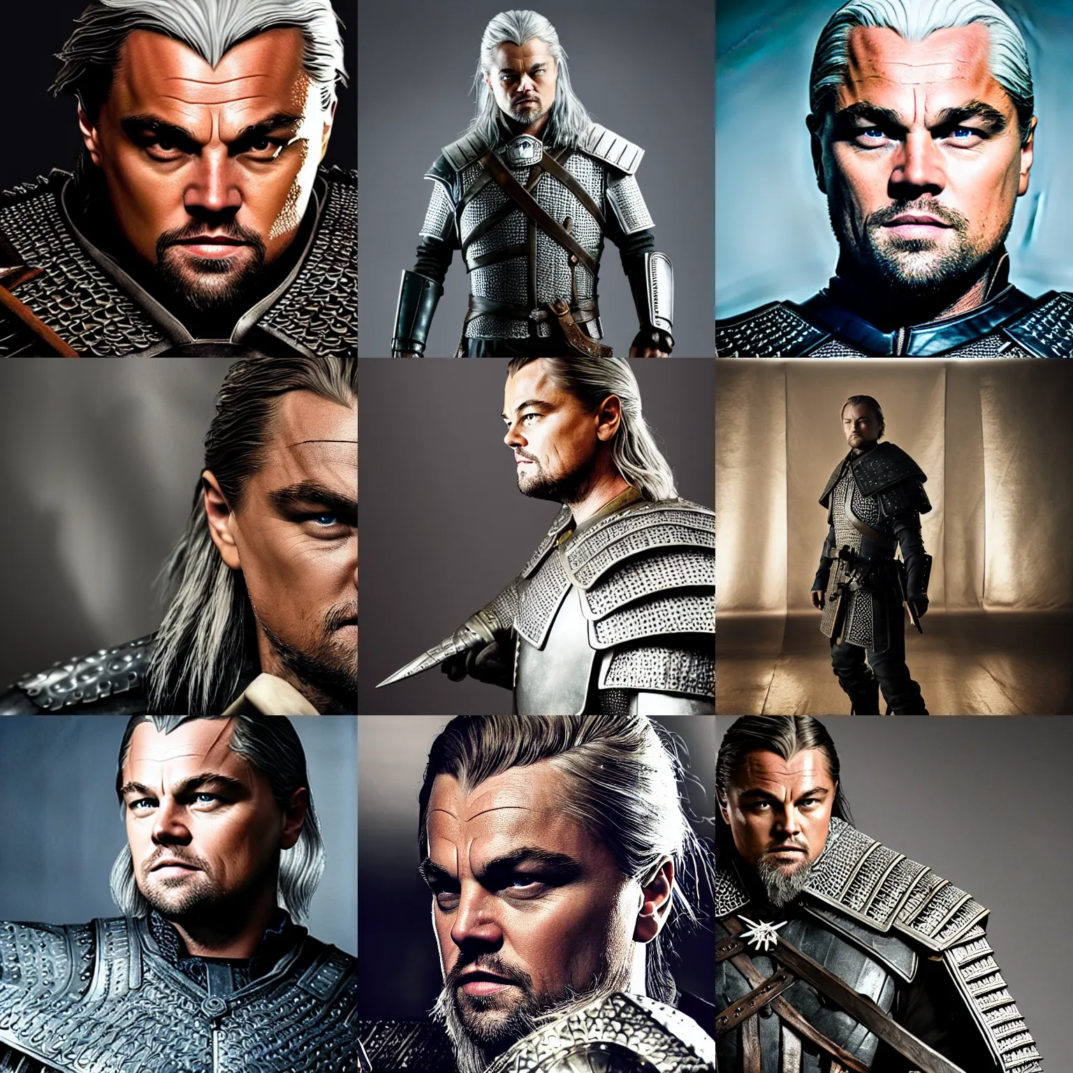 Prompt: Leonardo Dicaprio wearing Geralt of Rivia\'s armor, promo shoot, studio lighting