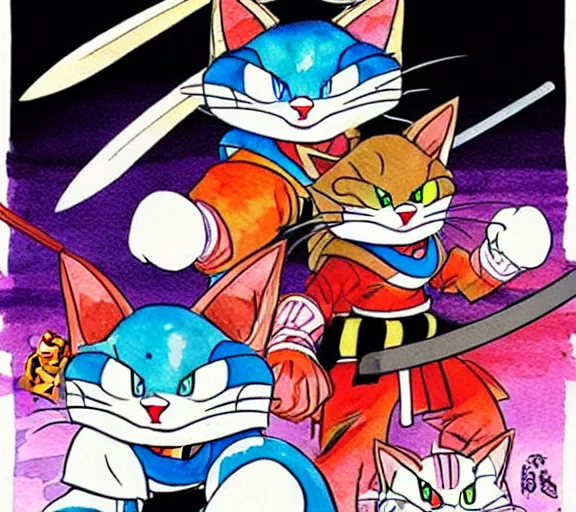Image similar to samurai pizza cats, ink and watercolor illustration masterpiece, perfectly realistic yet surreal, by ryan ottley