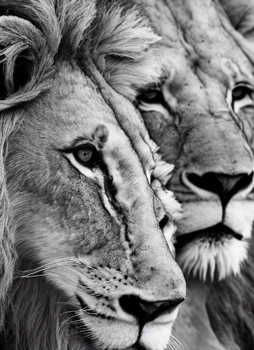 Prompt: very close lion and lioness black and white portrait white sky in background