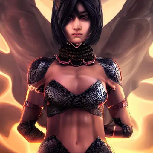 Image similar to snake human hybrid, chest up human lower half snake, black scales, bright amber eyes, chest covered in scales, scales on her chest, formless brests, flat chest, smileing nright, cinematographic shot, artstation, haahn trinh, naga