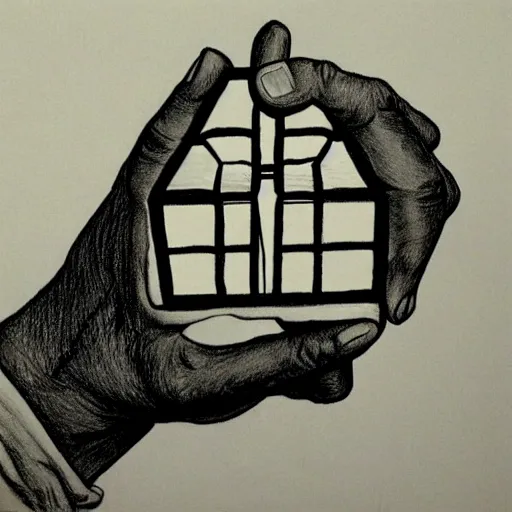 Prompt: MC Escher drawing of a hand holding a Rubix cube