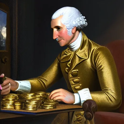 Image similar to a closeup photorealistic photograph of a happy George Washington inspecting small gold Doubloon coins at his home on Cherry Street. This 4K HD image is Trending on Artstation, featured on Behance, well-rendered, extra crisp, features intricate detail and the style of Unreal Engine.