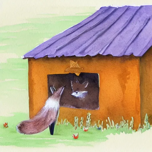 Prompt: a fox in a hen house, watercolor illustration,