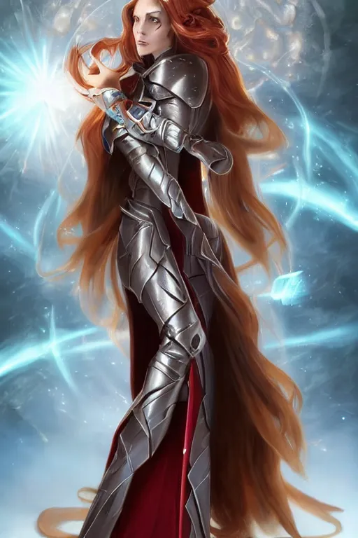 Prompt: Full body Picture of a female Holomancer, tech inspired, futuristic bracelet, light brown skin, crimson hair, long straight hair, Light silver attire, robes, battle, detailed face features, light blue eyes, D&D, by artgerm and Craig Mullins, James Jean, Andrey Ryabovichev, Mark Simonetti and Peter Morbacher, matte painting, trending on artstation, artstationHD, artstationHQ, octane, full HD, 16K, alluring