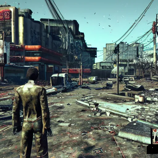 Prompt: Tokyo in ruins post-nuclear war in Fallout 4, in game screenshot