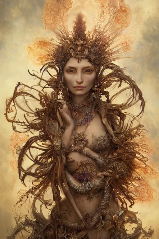 Prompt: alluring detailed cgi matte painting tanned female empress of the life and fertility, by ellen jewett, tomasz alen kopera and justin gerard | symmetrical, vivacious, realism, grunge, intricate, ornate, royally decorated, skull, skeleton, whirling smoke, glowing particles, colorful adornments, colorful torn fabric, radiant colors