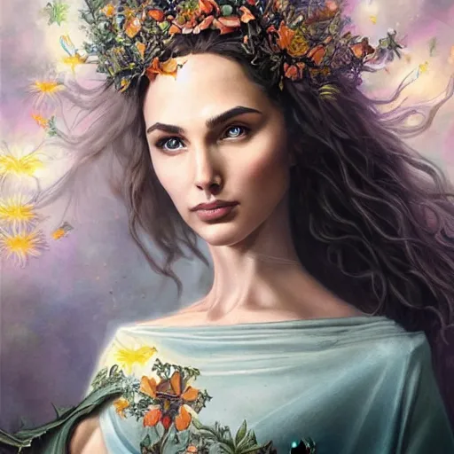 Image similar to fine art photo of the beauty goddess seraphim of the light gal gadot, she has a crown of mesmerizing flowers, by peter mohrbacher