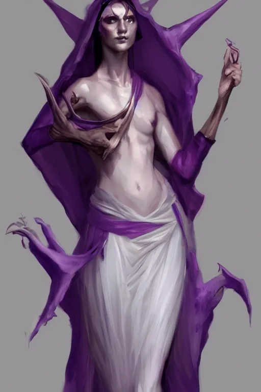 Prompt: djinn human hybrid, concept art, full body purple and white cloak, single face, illustration, costume design, white horns, editorial photo, fashion, hyperrealism, realism, trending on artstation, Charlie Bowater, WLOP