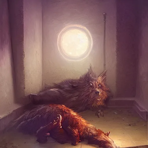 Image similar to a warg sleeping on a mat in a corner of a adobe house, torchlit, concept art by marc simonetti and christophe vacher, trending on artstation