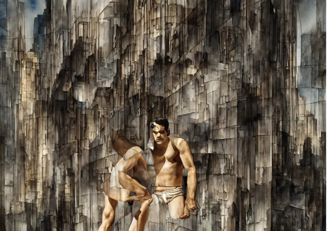 Prompt: a latino greek god searching through the streets of a watercolor glass and steel metropolis, muted color scheme, by olivier valsecchi, victor brauner and moebius